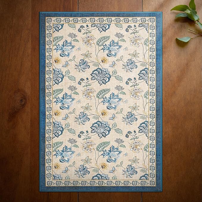 jinchan 2x3 Floral Rug for Entryway Washable Kitchen Rug Vintage Romance Design Small Mat Non Slip Indoor Doormat Lightweight Low-Profile Throw Carpet for Entrance Bathroom Laundry Room, Blue/Beige-CubbioJoy