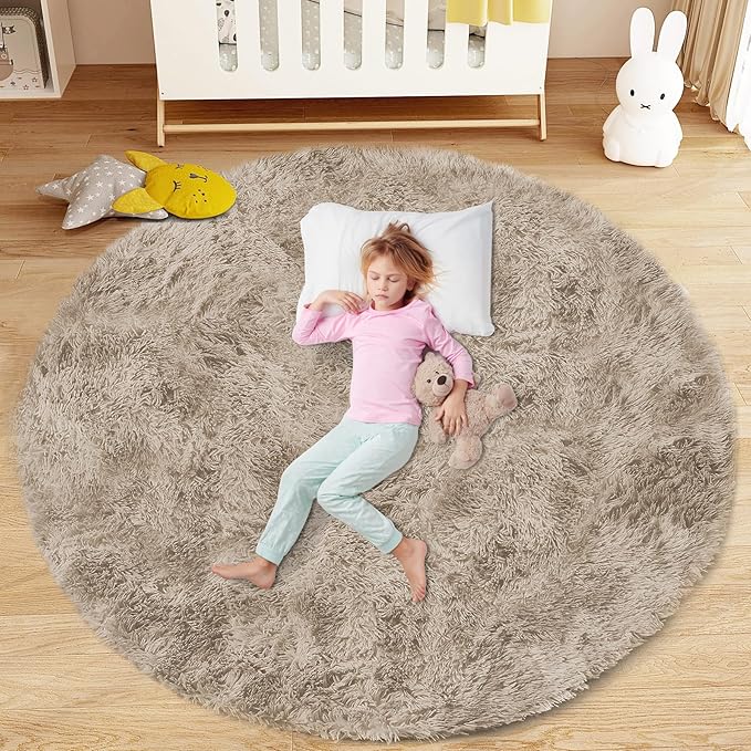 4FT Round Rug for Bedroom: Fluffy Shag Soft Washable Rugs Circle Small Fuzzy Plush Indoor Carpet for Living Room Nursery Playroom Dorm Kids Girls Boys Room (Camel, 4'x4')-CubbioJoy