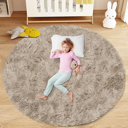 4FT Round Rug for Bedroom: Fluffy Shag Soft Washable Rugs Circle Small Fuzzy Plush Indoor Carpet for Living Room Nursery Playroom Dorm Kids Girls Boys Room (Camel, 4'x4')-CubbioJoy
