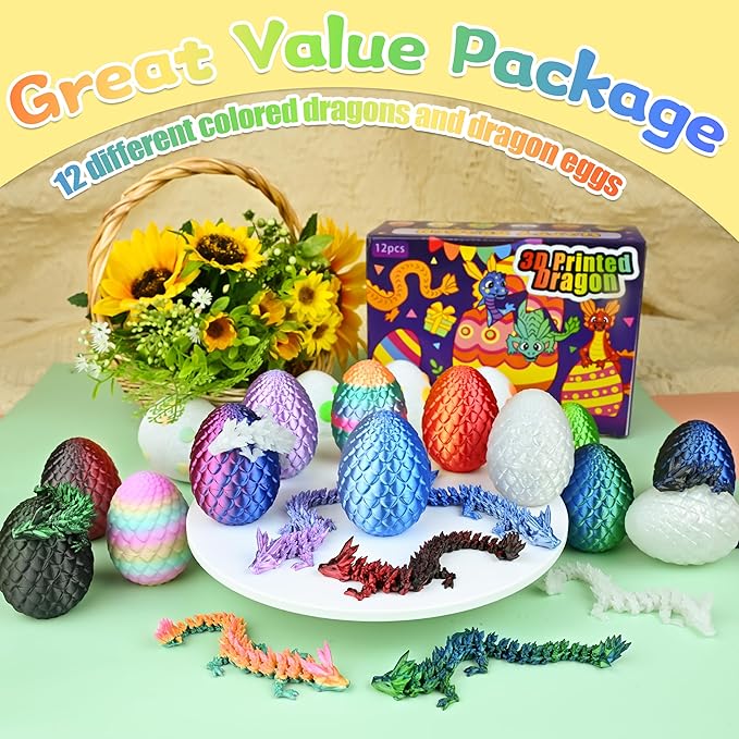 12PCS 3D Printed Dragon Eggs with Dragon Inside, Cool Stuff Fun Gifts, Mini Dragon Egg Set Articulated Crystal Dragon Fidget Toy for Adults Teens Boy Gifts Easter Basket Stuffers-CubbioJoy