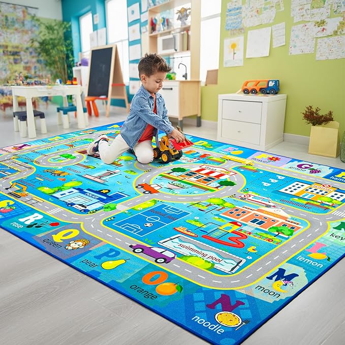 Chicrug 6x9 Car Road Area Rug for Kids Playroom Bedroom, Non Slip Low Pile Washable ABC Alphabet Carpet for Classroom, City Track Play Mat for Toddler Children Nursery Baby Room Decor, Blue-CubbioJoy