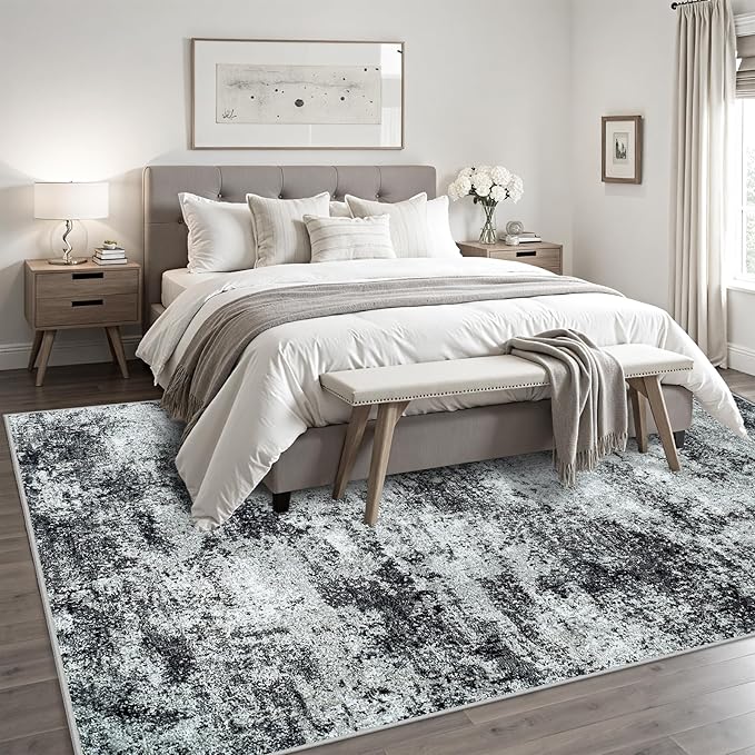 Area Rugs 8x10 Living Room Rugs: Modern Abstract Washable Rug with Non-Slip Backing, Stain Resistant Indoor Floor Large Carpet for Bedroom Dining Room Table Nursery Hallway Home Office Dark Black/Gray-CubbioJoy