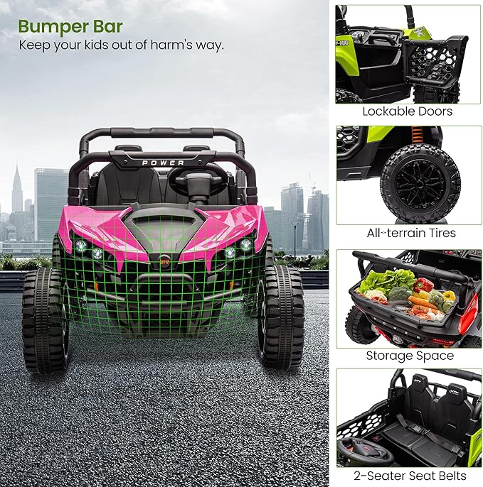 24V 2 Seater Ride On Car Truck, Power Wheels Kids UTV w/Parent Remote Control, 3.1 MPH Max Speed, Music Player, LED Lights & Storage, Electric Vehicle Ride On Toy for Kids Toddler Ages 3-8, Pink-CubbioJoy