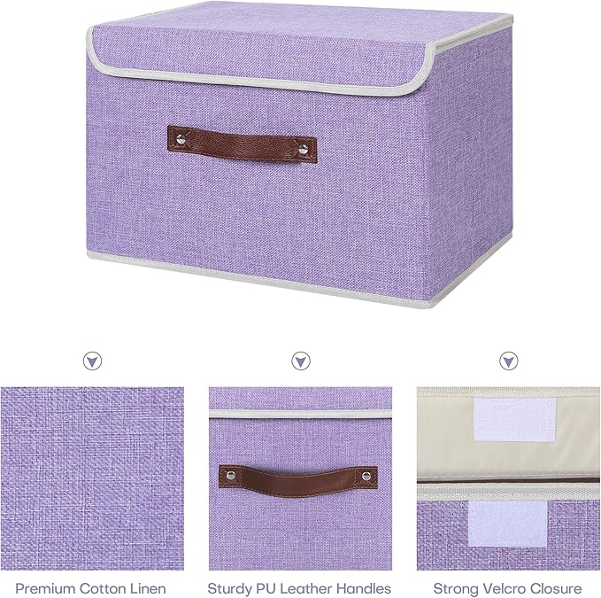 ANMINY Storage Bin with Lid Storage Boxes with PU Leather Handles PP Plastic Board Decorative Foldable Lidded Cotton Linen Fabric Home Cubes Baskets Closet Organizer Container - Purple, Large Size-CubbioJoy