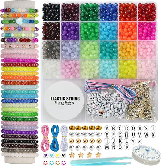 JULIMAIDONG 6mm Glass for Bracelets 1400pcs, 24 Colors Round Crystal Glass Bracelet Making Kit for Jewelry Making Kits Bead DIY Crafts with Spacer Charms Accessories (6mm, 24Color)-CubbioJoy