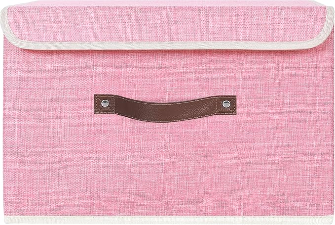 ANMINY Storage Bin with Lid Storage Boxes with PU Leather Handles PP Plastic Board Decorative Foldable Lidded Cotton Linen Fabric Home Cubes Baskets Closet Organizer Container - Pink, Large Size-CubbioJoy