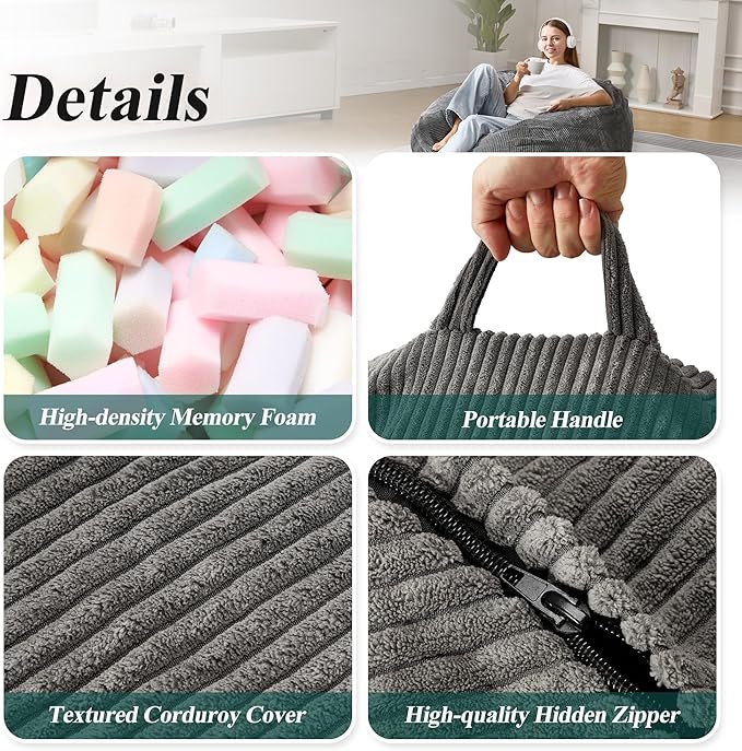 3.5FT Bean Bag Chairs Teardrop Bean Bag Chair for Adults Beanbag Chair with Memory Foam Filled Machine Washable Cover for Living Room, Bedroom (Large,Grey)-CubbioJoy