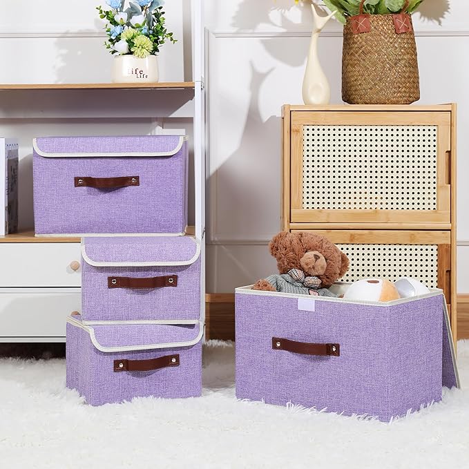 ANMINY 2PCS Storage Bins with Lid PU Leather Handles Storage Boxes PP Plastic Board Decorative Foldable Lidded Cotton Linen Fabric Home Cubes Baskets Closet Organizer Containers - Purple, Small Size-CubbioJoy