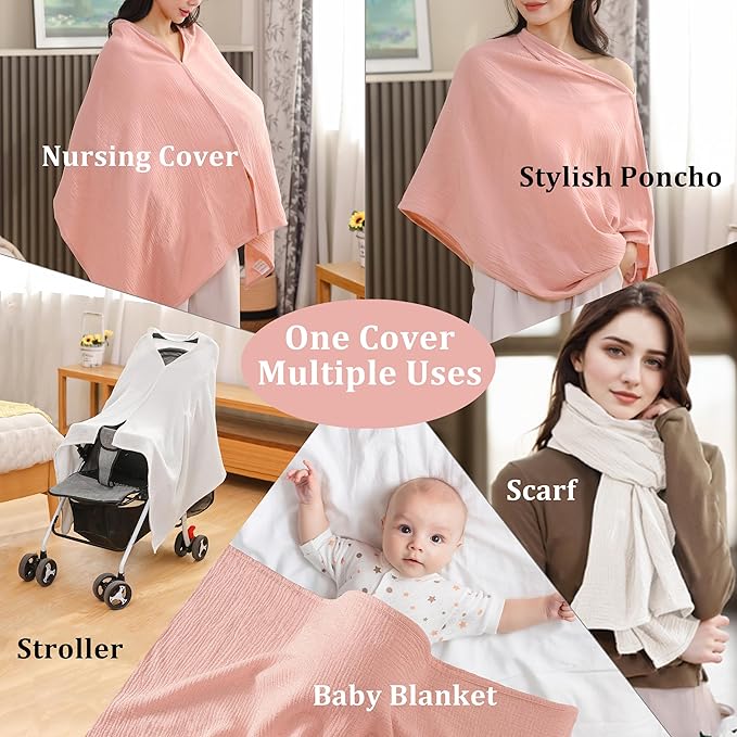 2-Pack Nursing Covers for Breastfeeding, 100% Organic Cotton Muslin Breastfeeding Cover, Multi-Use Nursing Scarf, Car Seat Canopy, Stroller Cover, Soft Breathable Baby Blanket Pink-CubbioJoy