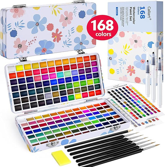 168 Colors Watercolor Paint Set with 4 Brushes, Portable Travel Water Color Kit with Carrying Case, Palette and Accessories, Non-Toxic Art Supplies Gift for Artists Adult Teen Kids Girls-CubbioJoy