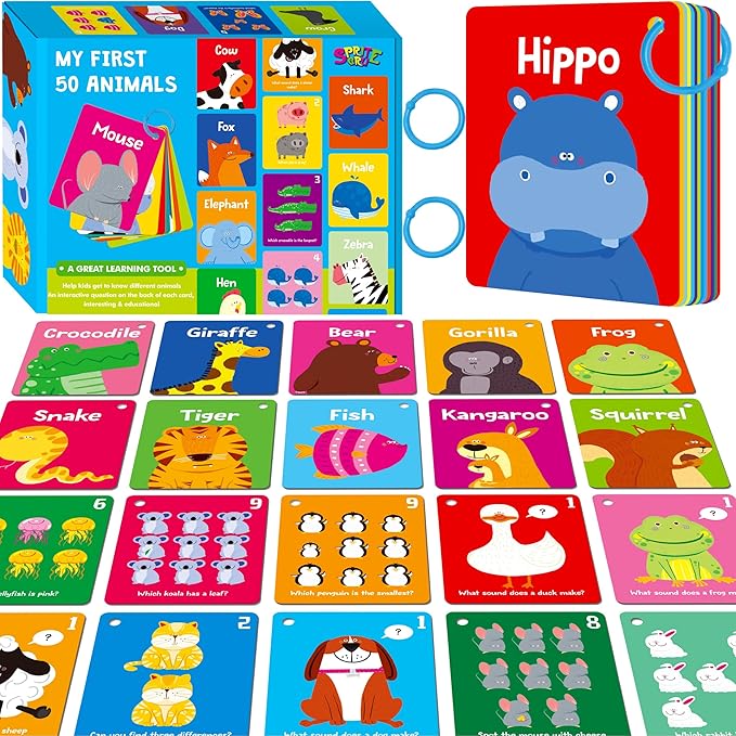 Animal Flashcards, 50 Double-Sided Cards, Wild/Farm/Marine Animal Cards Educational Learning Tools for Preschool and Toddlers Learning (2 Reclosable Rings Attached)-CubbioJoy