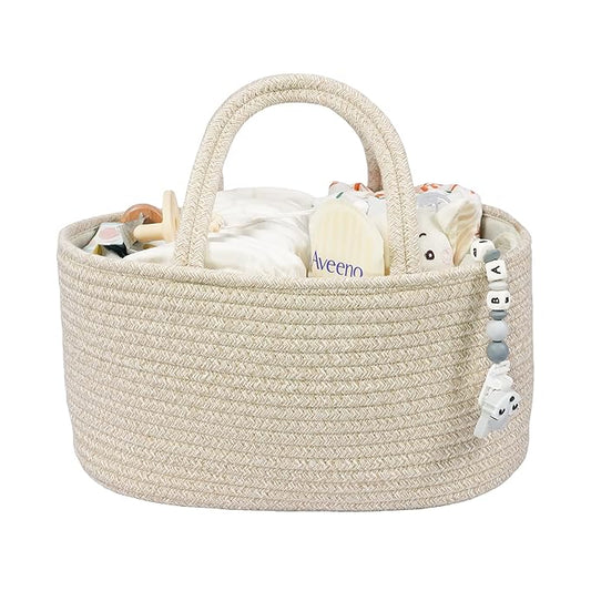 Baby Diaper Caddy Organizer for Girl Boy Cotton Rope Nursery Storage Bin Basket Portable Holder Tote Bag for Changing Table Car Travel Baby Shower Gifts Newborn Registry Must Have Items oatmeal-CubbioJoy