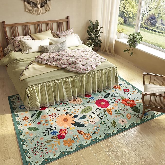 5x7 Washable Rug for Living Room, Green Floral Area Rug, Non Slip Low Pile Soft Flower Carpet, Large Rugs for Bedroom, Dining Room, Office, Kids Playroom, Nursery, Sage Green-CubbioJoy