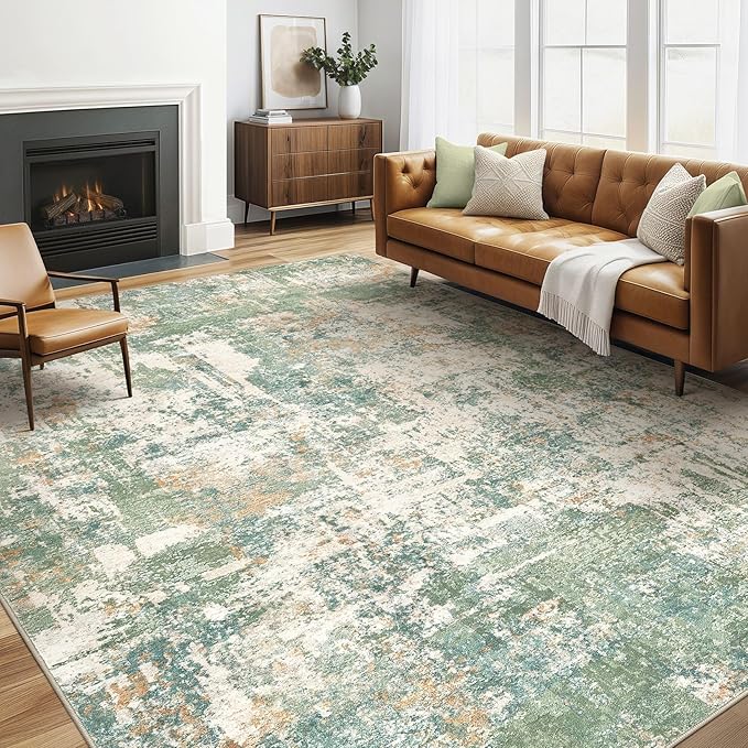 5x7 Area Rugs Living Room: Washable Large Abstract Soft Green Rug Stain Resistant Indoor Floor Non-Slip Accent Carpet for Men Modern Home Enthusiasts Aged 25-45 - Bedroom Office Playroom-CubbioJoy