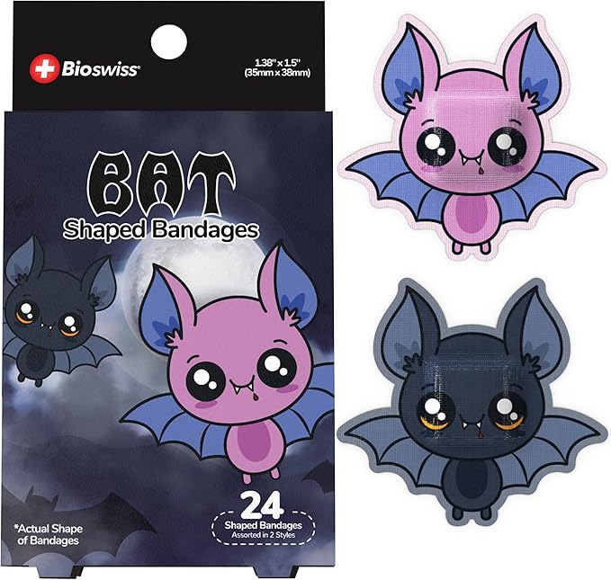 BioSwiss Bandages, Halloween Bat Shaped Self Adhesive Bandage, Latex Free Sterile Wound Care, Fun First Aid Kit Supplies for Kids, 24 Count-CubbioJoy