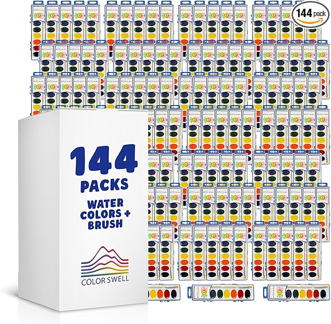 Color Swell 144 Set Bulk Watercolor Paint Pack with Wood Brushes 8 Colors Washable Water Colors Perfect for Kids Classroom Parties Students All Ages-CubbioJoy