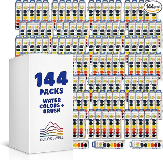 Color Swell 144 Set Bulk Watercolor Paint Pack with Wood Brushes 8 Colors Washable Water Colors Perfect for Kids Classroom Parties Students All Ages-CubbioJoy
