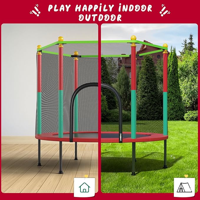 55IN Trampoline for Kids - Indoor/Outdoor Play with Enclosure Net - Easy to Assemble Recreational Trampoline - Red-CubbioJoy
