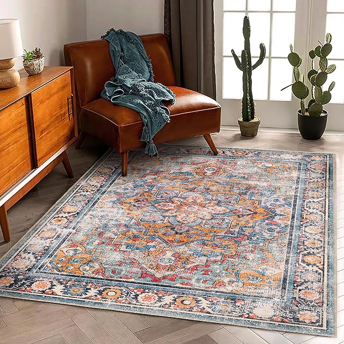 6'x9' Washable Vintage Area Rug Boho Chic Medallion Distressed Design Non-Shedding Easy Care Ideal for High Traffic Areas in Living Room Bedroom Kitchen Office Large Carpet-CubbioJoy