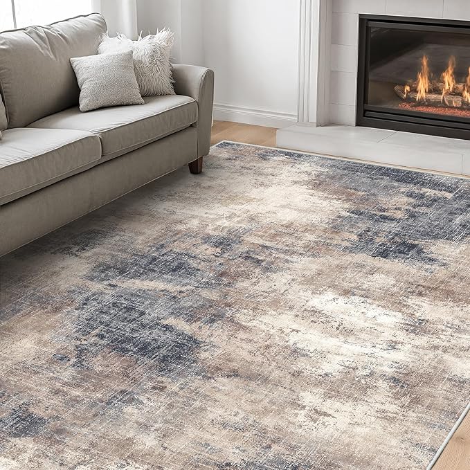 Amada 6x9 Washable Area Rug, Modern Abstract Living Room Rug with Non-Slip Backing & Short Pile, Large Rug with Abstract Pattern for Living Room, Bedroom and Dinning Room, Brown-CubbioJoy