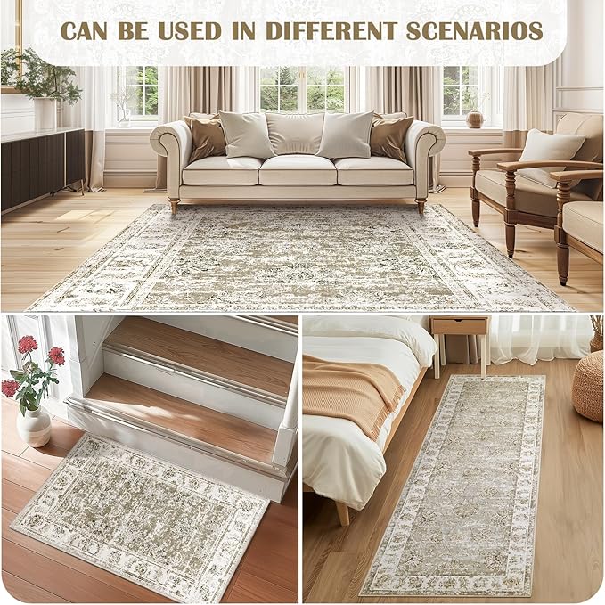 jinchan 4x6 Area Rugs for Bedroom - Machine Washable Distressed Vintage Floral Design Stain Resistant Boho Carpet Ultra-Thin Low Pile Non-Slip Rug for Living Room Dining Room Kitchen (4‘x6',Taupe)-CubbioJoy