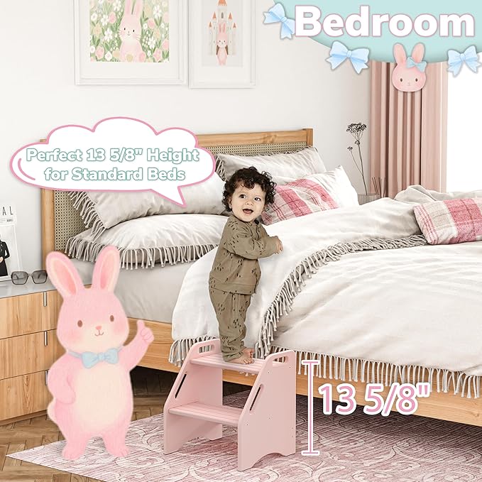 AMBIRD Wooden Kids Step Stool, 15.75'' H Potty Training Toddler 300 lbs Capacity with Safety Non-Slip Pads and Handles, Kitchen Step Stools for Kids, Bamboo Step Stool for Bathroom, High Beds (Pink)-CubbioJoy