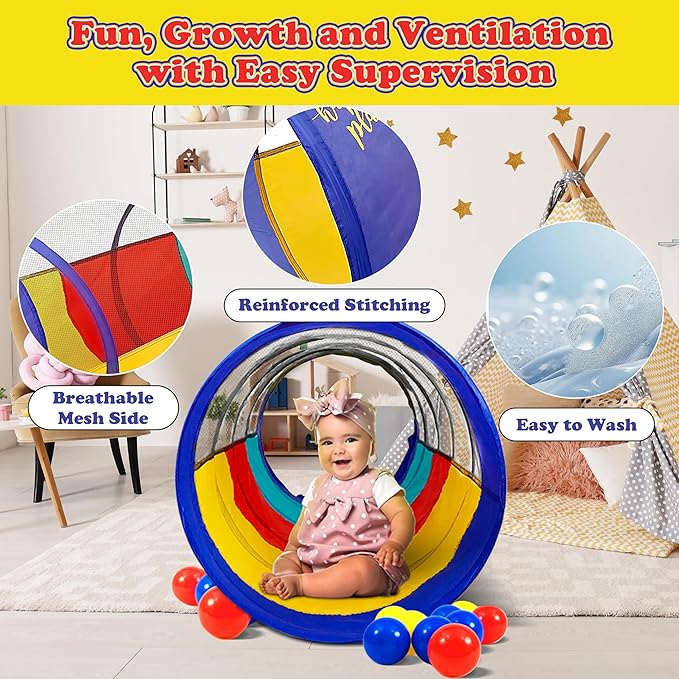 Kiddey Play Tunnel for Kids | Crawl Tunnels with See Through Sides | Outdoor & Indoor Multicolored Tent for Dogs, Toddlers, and Babies | Pop Up Baby Crawling Backyard Tunnel | Balls NOT Included-CubbioJoy