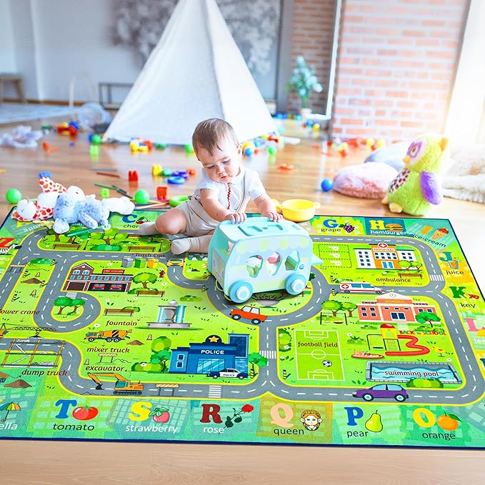 Chicrug 5x8 Car Road Area Rug for Kids Playroom Bedroom, Non Slip Low Pile Washable ABC Alphabet Carpet for Classroom, City Track Play Mat for Toddler Children Nursery Baby Room Decor, Green-CubbioJoy
