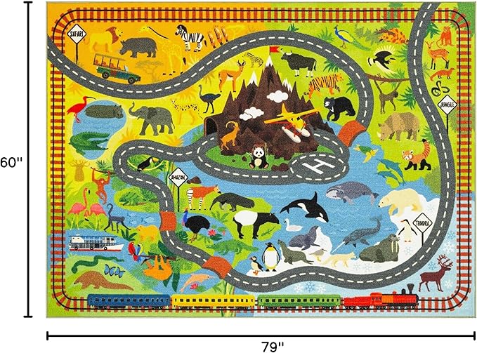 KC Cubs 5x7 Animal Safari Toy Car Road Rug – Educational Play Mat Carpet for Kids, Toddlers, Nursery, Classroom, Playroom, Baby Daycare, Boys & Girls-CubbioJoy