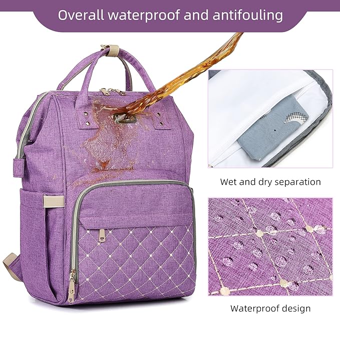 Diaper Bag Backpack, Diaper Bags for Baby Girls Boys, Baby Bags for Moms Dads, Nappy Changing Bag with Insulated Pockets,Multi-functional Waterproof Backpack with Stroller straps-Purple-CubbioJoy