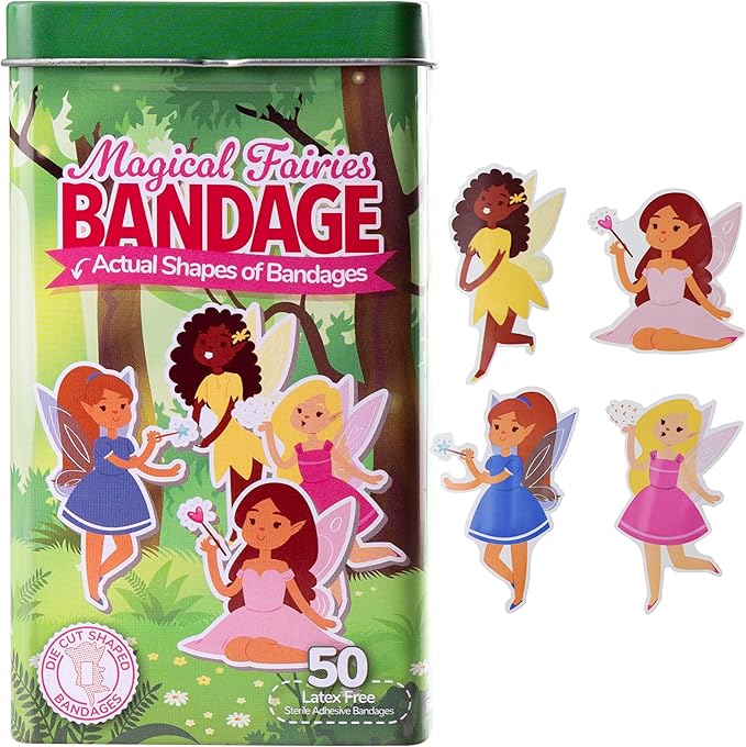 BioSwiss Bandages, Magical Fairies Shaped Self Adhesive Bandage, Latex Free Sterile Wound Care, Fun First Aid Kit Supplies for Kids and Adults, 50 Count-CubbioJoy