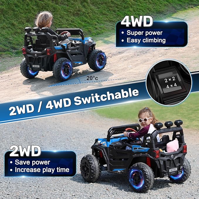 ANPABO 24V 4X4 Ride on Car Truck w/Remote Control, 4WD/2WD Switchable Kids UTV, 19" Spacious Seat, 4 Shock Absorbers, Soft Start, Music Player, Electric Car for Kids (Blue)-CubbioJoy