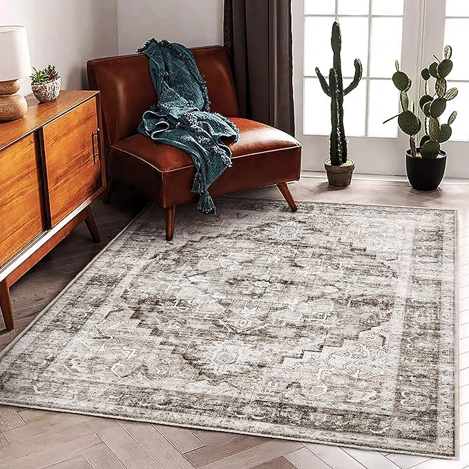 Area Rug 5'x7' Deep Khaki Washable Vintage Traditional Floor Cover Thin Retro Kitchen Indoor Distressed Non Slip Carpet for Living Room Bedroom Dining Room-CubbioJoy