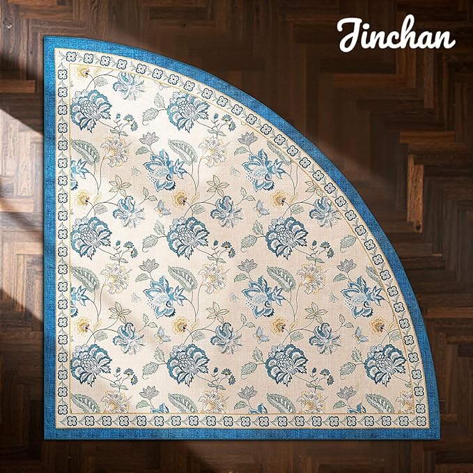 jinchan Floral Corner Rug for Entryway Washable Kitchen Rug Vintage Romance Design Non Slip Quarter Circle Lightweight Low-Pile Throw Carpet for Playroom Reading Nook Nursery, 4ft Radius, Blue/Beige-CubbioJoy