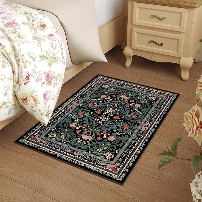 Door Mat Indoor Entrance 2x3 Rug Machine Washable Vintage Floral Botanical Small Area Rug Non-Slip Low Pile Throw Rugs for Entryway, Kitchen, Front Door Entrance, Entry, Kids Room, Black-CubbioJoy