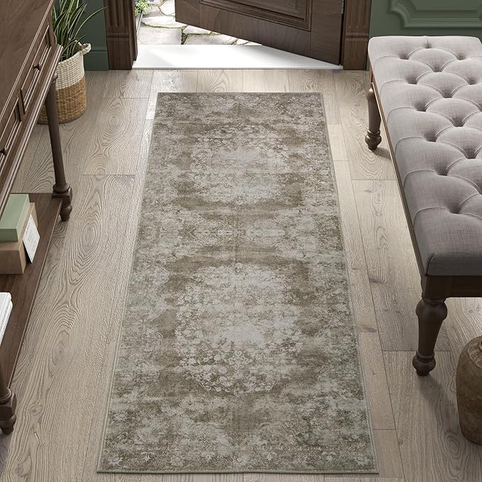 jinchan Vintage Floral Runner Rug 2x5 - Machine Washable Distressed Design Non-Slip Low-Pile Soft Thin Carpet for Hallway Kitchen Farmhouse Bedroom Entryway Laundry Room (2x5ft,Brown)-CubbioJoy