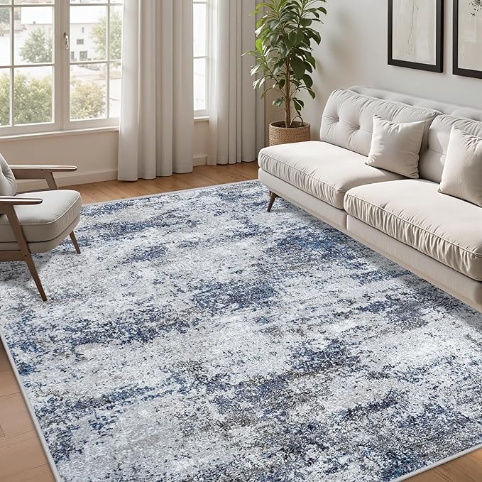 Area Rug Living Room Rugs: 5x7 Abstract Washable Rugs Ultra Soft Carpets with Non-Slip Backing Stain Resistant Carpet for Dining Room Table Bedroom Nursery Indoor Home Office Blue/Gray/Black-CubbioJoy