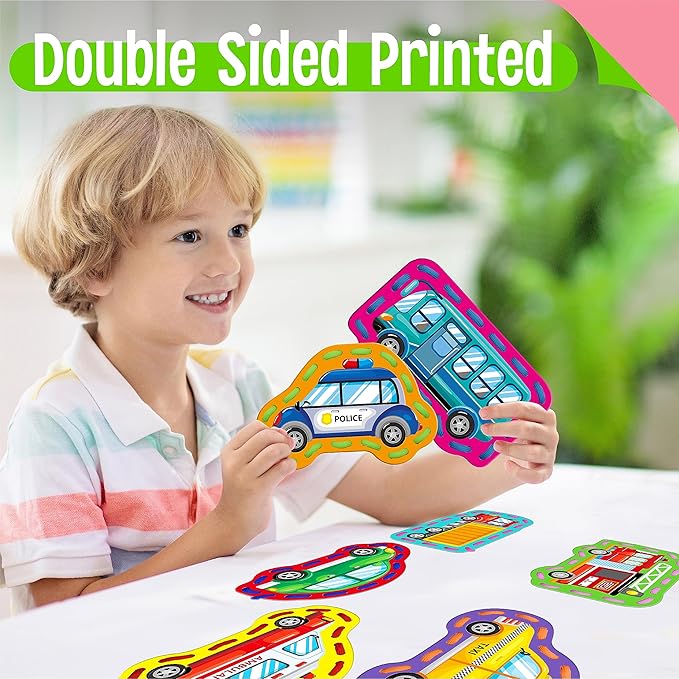 9 Pieces Kids Lacing Cards, Double Sided Sewing Cards in 9 Vehicle Cards with 9 Colorful Laces, Imagination Development Lacing Toys Games for Children Educational and Learning Activity-CubbioJoy