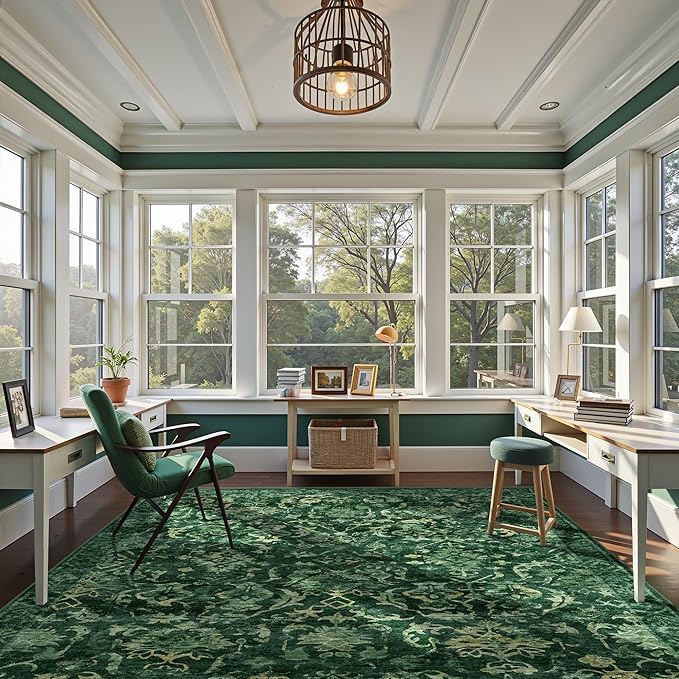Deerly Dark Green Area Rugs 9x12 for Living Room Soft Non-Slip, Large Bedroom Rug Vintage Dining Room Rug Tribal Farmhouse Carpet for Dining Room Office Green-CubbioJoy