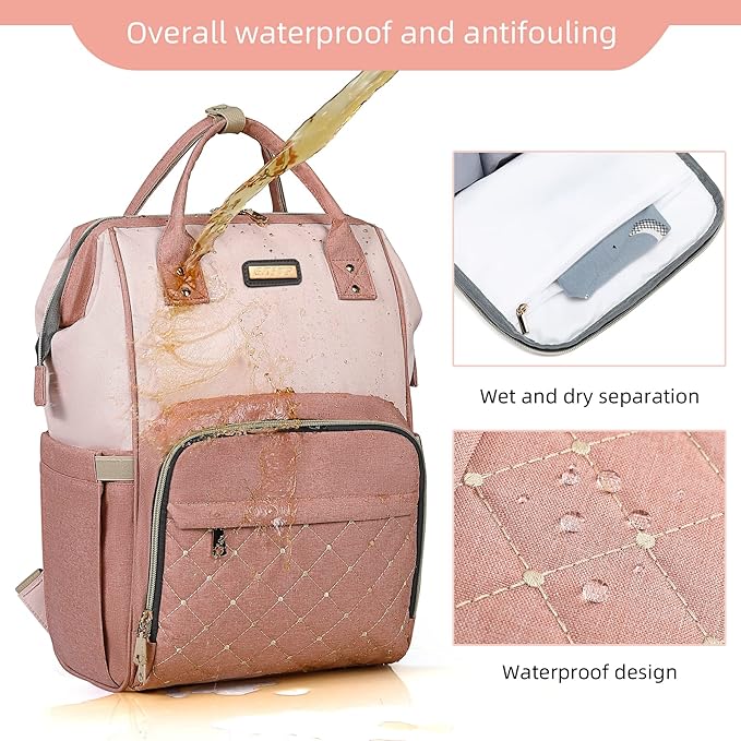 Diaper Bag Backpack, Diaper Bags for Baby Girls Boys, Baby Bags for Moms Dads, Nappy Changing Bag with Insulated Pockets,Multi-functional Waterproof Backpack with Stroller straps -Pink light pink-CubbioJoy