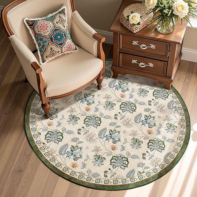 jinchan 4ft Floral Round Rug for Entryway Washable Kitchen Rug Vintage Romance Design Non Slip Indoor Doormat Lightweight Low-Profile Throw Carpet for Living Room Dining Room Bedroom, Green/Beige-CubbioJoy