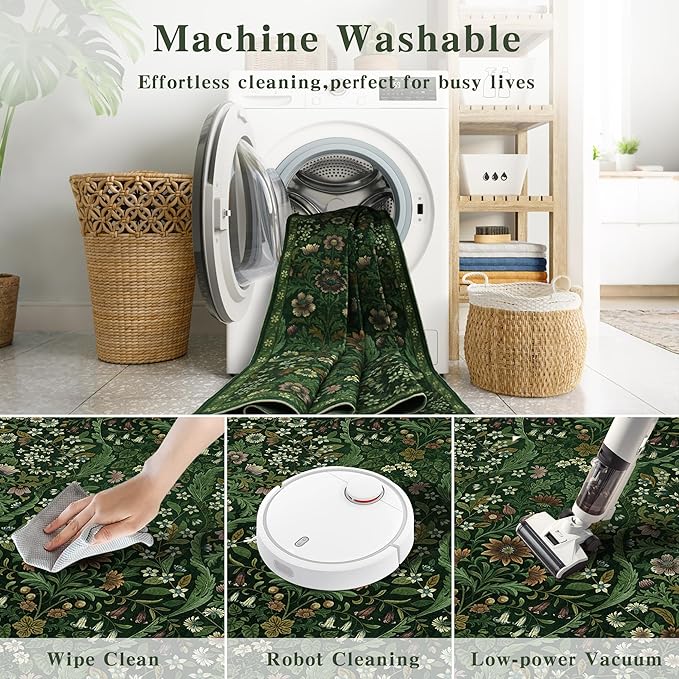 5×7 Dark Green Washable Floral Area Rug,Vintage Boho Soft Low-Pile Living Room Rugs, Stain Resistant Botanical Non-Slip Carpet for Bedroom,Dining Room, Kids Nursery,Home Decor-CubbioJoy