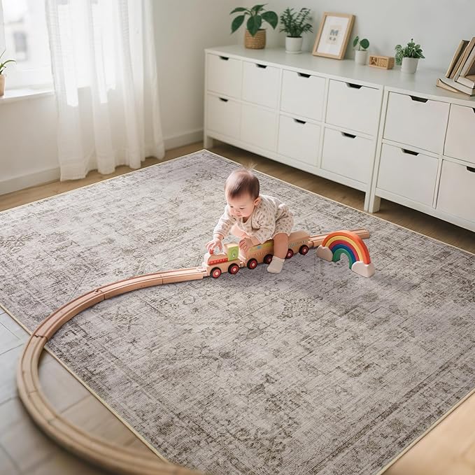 6x9 Washable Area Rug for Living Room, Non-Slip Distressed Rugs for Bedroom Dinning Room, Ultra-Thin Indoor Non-Shedding Vintage Print Carpet for Farmhouse, Home Office, Dorm Light Taupe/Cream-CubbioJoy