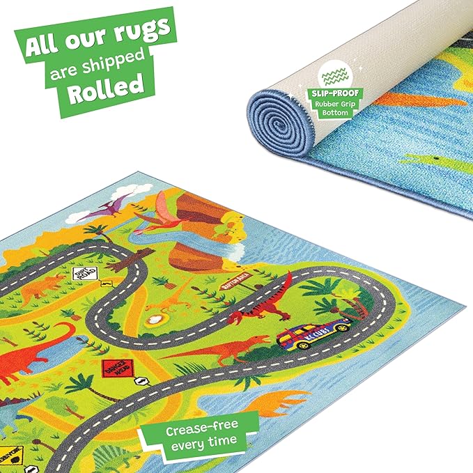 KC Cubs 8x10 Dinosaur Toy Car Dino Road Rug – Educational Play Mat Carpet for Kids, Toddlers, Nursery, Classroom, Playroom, Baby Daycare, Boys & Girls-CubbioJoy