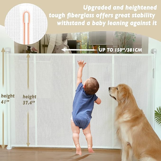 150" Extra Wide Retractable Baby Gates Dog Gate for Large Opening, 41" Extra Tall Mesh Pet Gate, Long Child Safety Gates with Fiberglass Rods for Stairways, Doorways, Hallways - Indoor/Outdoor Use-CubbioJoy