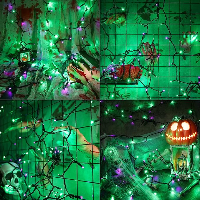 Brizled Purple & Green Halloween Lights, 33ft 100 LED Halloween String Lights 5mm Wide Angle String Lights, 120V UL Certified Connectable Halloween Lights Outdoor for Party Halloween Decor, Black Wire-CubbioJoy