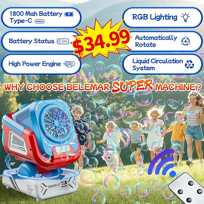 2025 Upgraded Bubble Machine with Remote Control, Automatic Rotation & RGB Lights, 1800mAh Rechargeable Battery, Type-C Charge, Bubble Maker for Kids, Weddings, Birthday Parties, Outdoor Activities-CubbioJoy