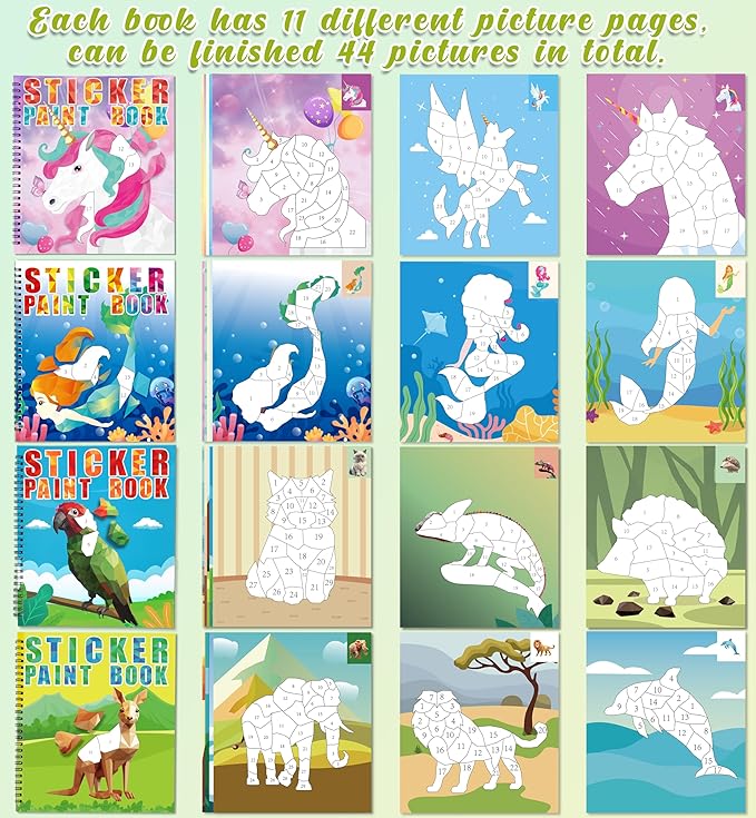 90shine 4PCS Sticker Books for Kids Ages 4-8 Sea-Maid Horned Horse Zoo Pet Themed Designs Party Gift Create 44 Pictures-CubbioJoy