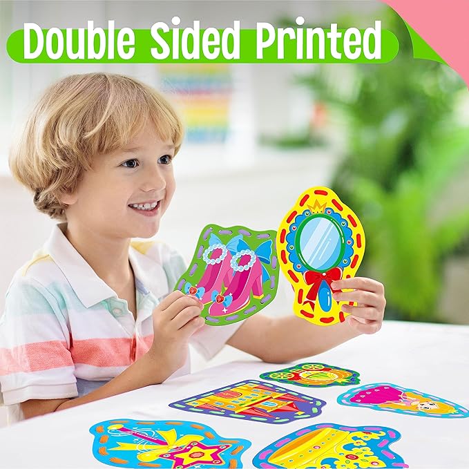 9 Pieces Kids Lacing Cards, Double Sided Sewing Cards in 9 Princess Theme Cards with 9 Colorful Laces, Imagination Development Lacing Toys Games for Children Educational and Learning Activity-CubbioJoy
