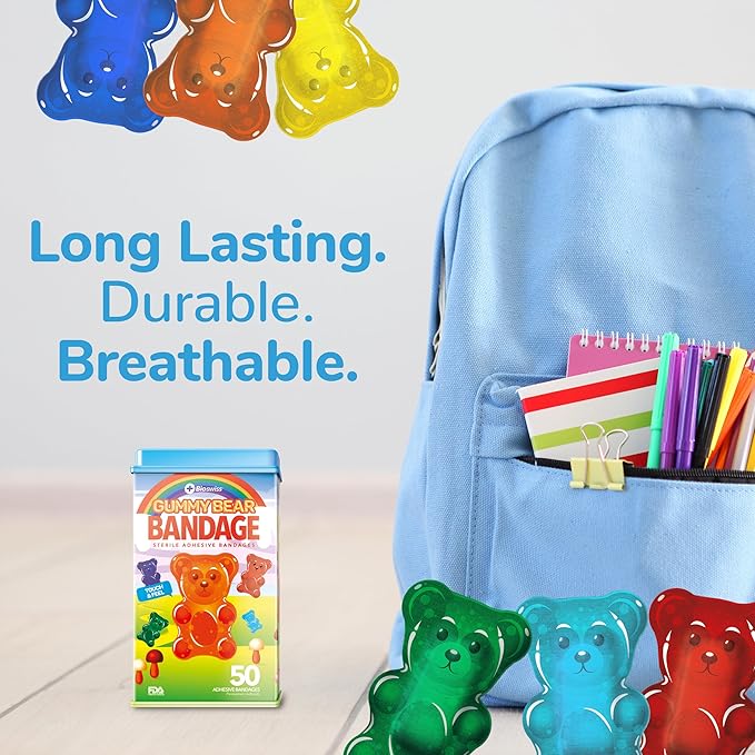 BioSwiss Bandages, Gummy Bear Shaped Self Adhesive Bandage, Latex Free Sterile Wound Care, Fun First Aid Kit Supplies for Kids, 50 Count-CubbioJoy